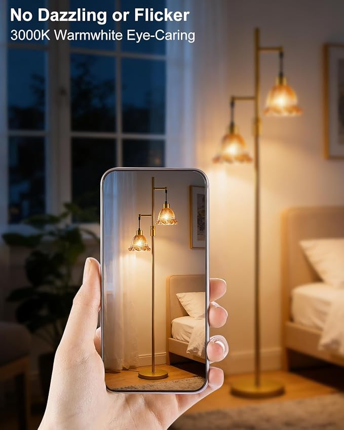 Lightdot 2- Light Gold Flower Floor Lamp for Living Room, 65IN Dimmable Floor Lamps with Amber Glass Shade& Warm White Bulbs, Modern Standing Tall Lamp with 5Lbs Heavy Base for Bedroom Home Office
