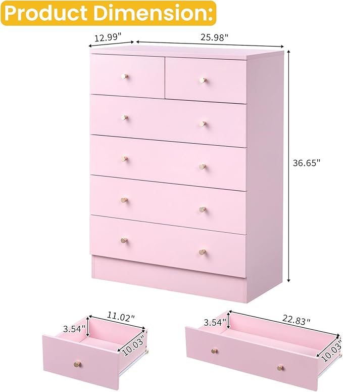 Karl home Pink 6 Drawer Dresser for Bedroom, Tall Dresser Chest of Drawers, Wood Pink Bedroom Dressers for Girls, Anti-Tipping Device, Rose Gold Metal Handle, Living Room, Entryway, Hallway, Office