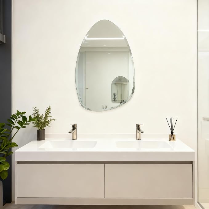 Frameless Asymmetrical Teardrop Shaped Wall Mirror, 20x28 Inch Beveled Edge Decorative Vanity Mirror for Bathroom, Bedroom, Entryway