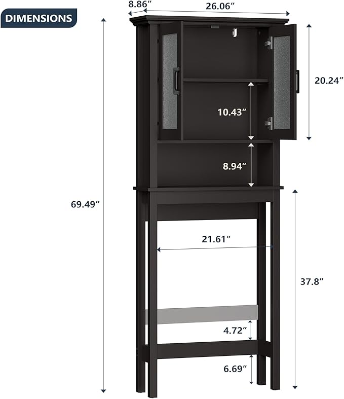 Over The Toilet Storage Cabinet, Over Toilet Bathroom Organizer with Glass Doors and Adjustable Shelf, Thicken Frame Above Toilet Storage Cabinet Behind Toilet Bathroom Organizer, Espresso