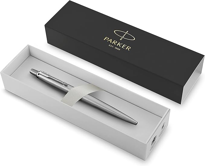 Parker Jotter Ballpoint Pen, Stainless Steel with Chrome Trim, Medium Point, Blue Ink - Smooth Writing, Sleek, Polished, Professional, Desk Essentials