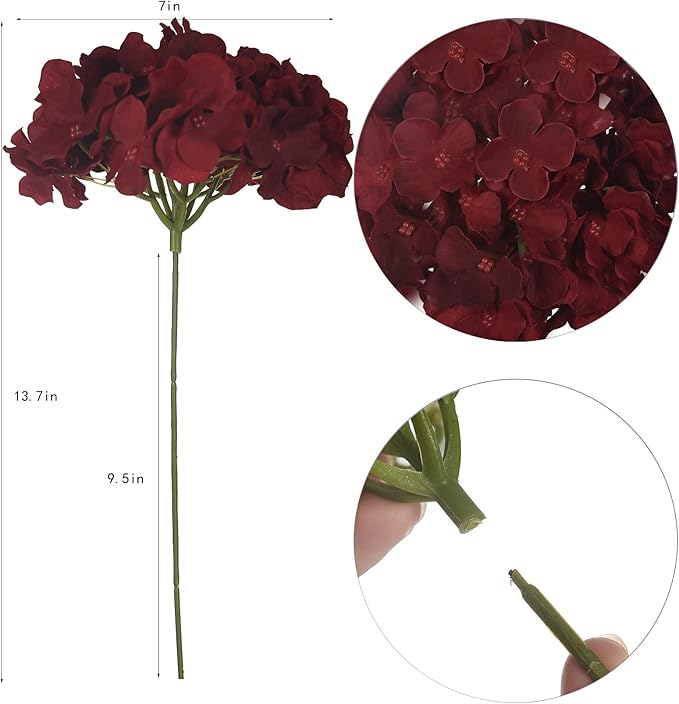 10PCS Artificial Hydrangea Flowers, Fake Hydrangea Silk Flowers Heads with Stems for Wedding Home Party Shop Baby Shower Decoration-Claret Red