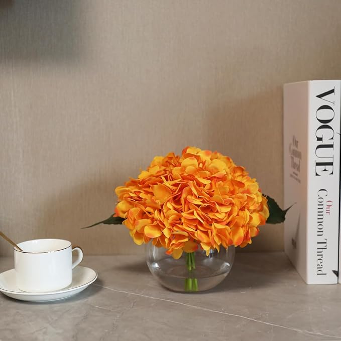 Hydrangea Artificial Flowers in Vase Orange Silk Flowers Arrangements with Glass Vase with Faux Water for Table Centerpiece Shelf Home Decor
