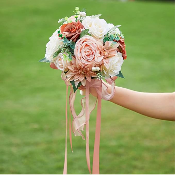 CYANLUX Wedding Bouquets for Bride Bridesmaid Bouquet Champagne White Artificial Roses Flowers for Wedding Valentine's Day Church Home Decoration… (Pink)