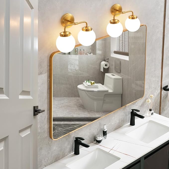Bathroom Vanity Light Fixtures Over Mirror, Modern Brass Gold 2 Lights Wall Sconce Lighting with Milky Glass Ball Shades, Mid Century Farmhouse Bathroom Lighting