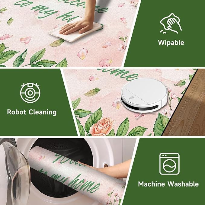 Welcome Rug Floral Area Rug for Bedroom Living Room Nursery Playroom Classroom Home Decor Pink Rose Green Leaf Carpet Non-Slip Washable Floor Mat,4'x6'