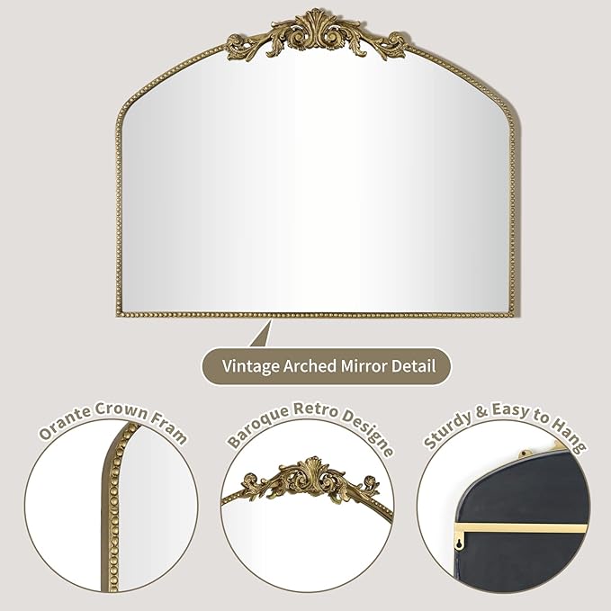Gold Arched Vintage Mirror 40"X31", Antique Mantel Wall Mirror with Ornate Metal Frame, Victorian Dress Baroque Decor for Entryway/Fireplace/Living Room/Hallway/Bathroom/Bedroom