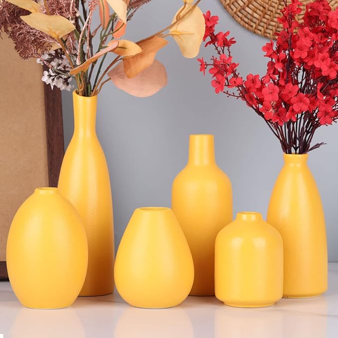 Yellow Ceramic Bud Vases Set of 6, Mini Vases for Farmhouse Mantel, Shelf & Fireplace, Home Accents for Living Room, Entryway, Bathroom, Kitchen, Office, Bulk Table Decor