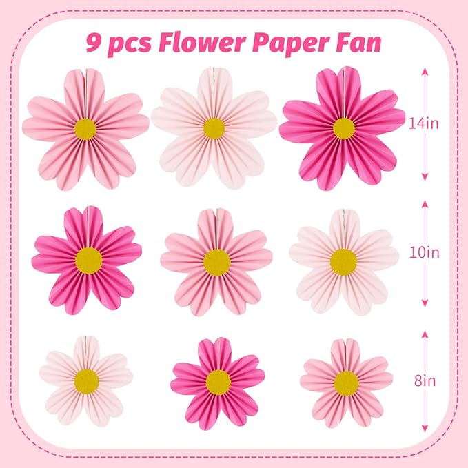 YUNXUAN Pink Party Decorations Paper Fan Paper Flowers Decorations for Wall Flower Backdrop Classroom Baby Shower Birthday Flower Wall Decor Pack of 9 Pink