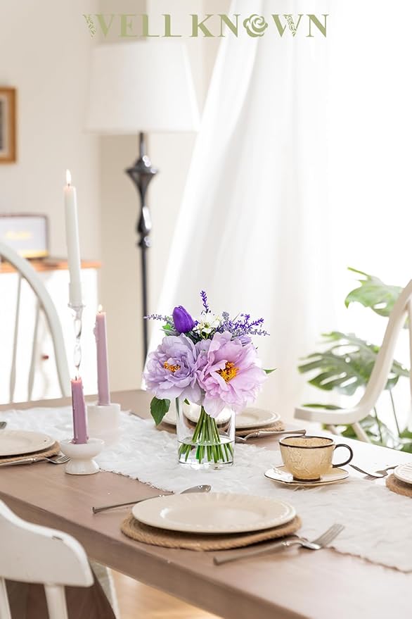 WELL KNOWN Artificial Flowers in Glass Vase with Fake Water, Silk Peony Fake Tulip Bouquet for Home Dinning Tea Table, Office Desktop, Hotel, Wedding, Party, Lavatory Decor & Gift (Lavender Purple)