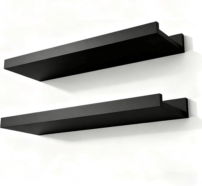 Black Floating Shelves for Wall Decor, Wall Mounted Wood Storage Shelf for Bedroom, Living Room, Bathroom, Kitchen, Nursery, Display Picture Ledge Shelf with Lip Set of 2-14 Inches, Black