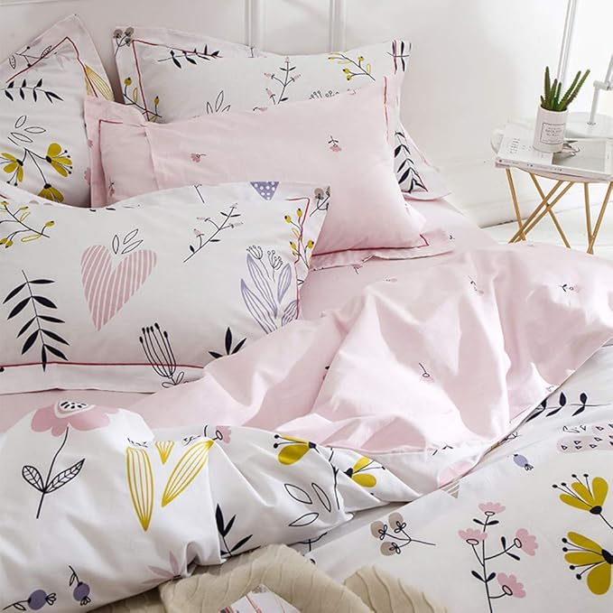 Girls Floral Duvet Cover King Boho White Pink Floral Bedding Sets Cotton Aesthetic Floral Comforter Cover Chic Flower Branches Bedding Sets Garden Style Pink Floral King Duvet Cover with 2 Pillowcases