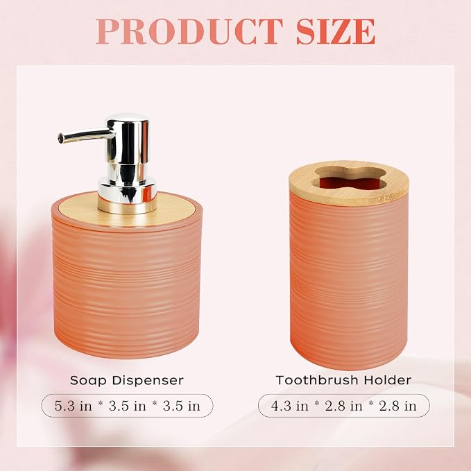 2 PCS Orange Bathroom Accessories Set, Soap Dispenser and Toothbrush Holder Set, Plastics & Bamboo Bathroom Set, Bohemian Style Bathroom Sink Set