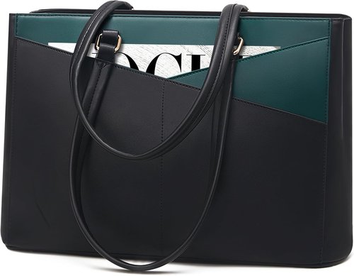 LOVEVOOK Laptop Bag - Waterproof Leather Tote for Women | 15.6 Inch Briefcase in Black/Green