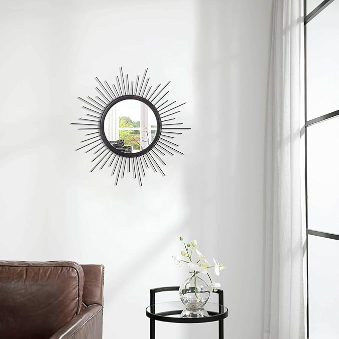 Black Sunburst Spoked Mirrors for Wall Boho Home Round Wall Art Mirror Classic Metal Modern Hanging Mirror Living Room Hallway Bathroom Bedroom Office Vanity Entryway 16"