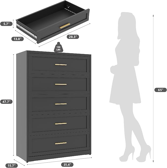 Black Metal Dresser with 5 Drawer，48" Tall Chest of Drawers with Wide Metal Handle,Drawer Organizer for Bedroom,Living Room,Hallway and Entryway