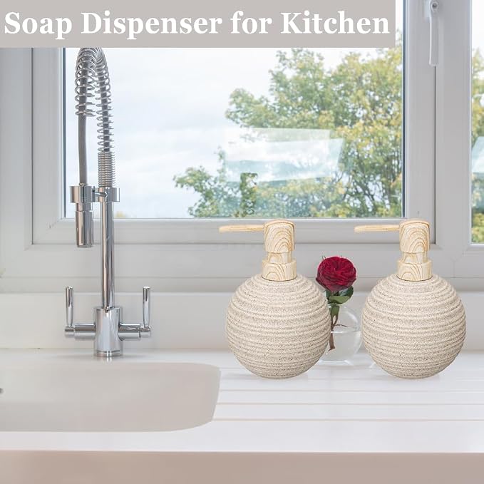 2pcs Hand Soap Dispenser Set, Sandstone Textured Resin Liquid Soap Dispenser for Bathroom Countertop, Heavy & Sturdy Dish Wash Soap Dispenser for Kitchen, Matte Beige
