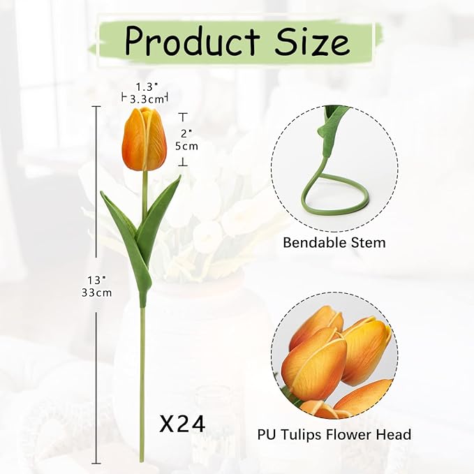 24 Pcs Orange Tulips Artificial Flowers Real Touch Fake Tulips Fake Flowers for Mother's Day 13.5" Faux Tulips Faux Flowers Bulk Artificial Tulips Flowers for Vase Centerpieces Home Wedding Bouquet