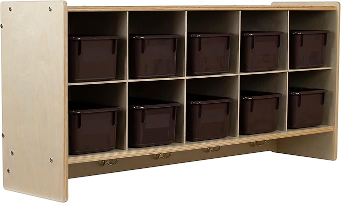 10-Section Wood Cubbies Storage with Brown Plastic Bins, Wall Cubby Hanging Organizers with Hooks