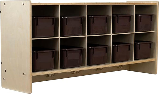 10-Section Wood Cubbies Storage with Brown Plastic Bins, Wall Cubby Hanging Organizers with Hooks