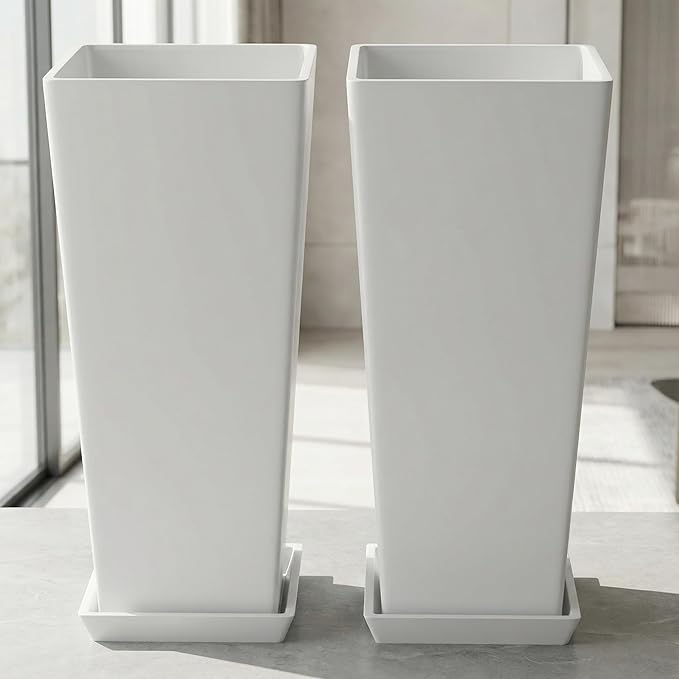 FENCY Set of 2 Tall Planters for Outdoor Plants, 24 Inch Large Tapered Pots with Drainage Trays, Weather-Resistant Plastic Plant Containers for Patio, Porch, Garden, Front Door Decor,White