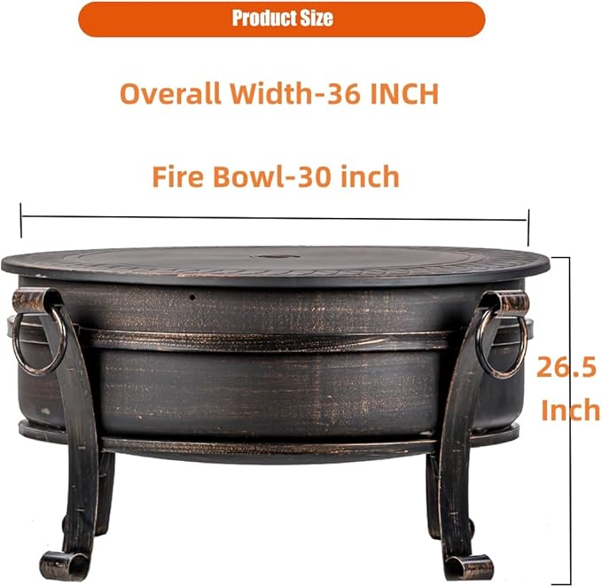 EcoNook 36 Inch Fire Pit with Grill & Lid, Fireplace & Round Table & BBQ 3 in 1 Fire Pit,Heavy Duty Wood Burning Fire Pits for Outside with Fire Poker, Waterproof Cover & Log Grate
