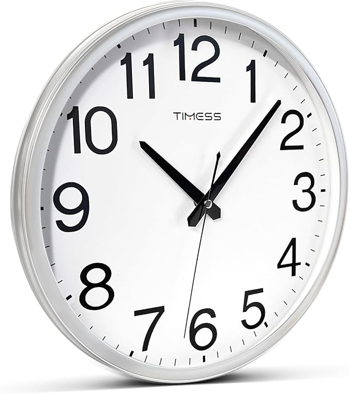 TIMESS Wall Clock, 16 Inch Large Dial Non-Ticking Silent Battery Operated Quality Analog, Ultra-Quiet Movement Quartz, Timeless Stylish Clock, Ideal Modern Home, Office Décor (Sliver)