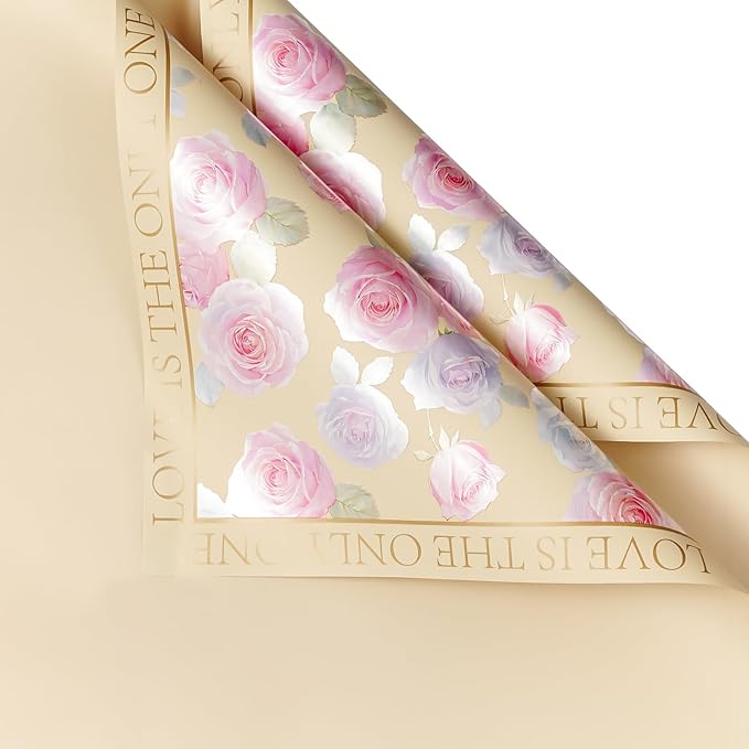WRAPAHOLIC 20 Sheets Champagne Flower Wrapping Paper - 22.4 x 22.4 inch Rose Design Water-Resistant Floral Bouquet Wrapping Paper, Florist Supplies Packaging for Wedding Birthday Gift DIY