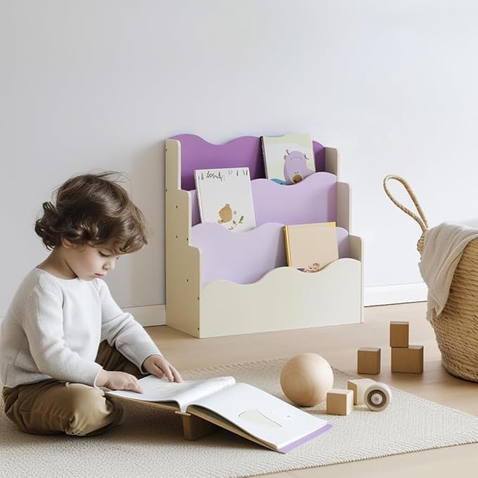 Kids Bookshelf Montessori Shelf for Toddlers, Front-Facing Book Organizer for Children, Pastel Nursery Floor Bookshelf, Wave Design Reading Corner Display Rack