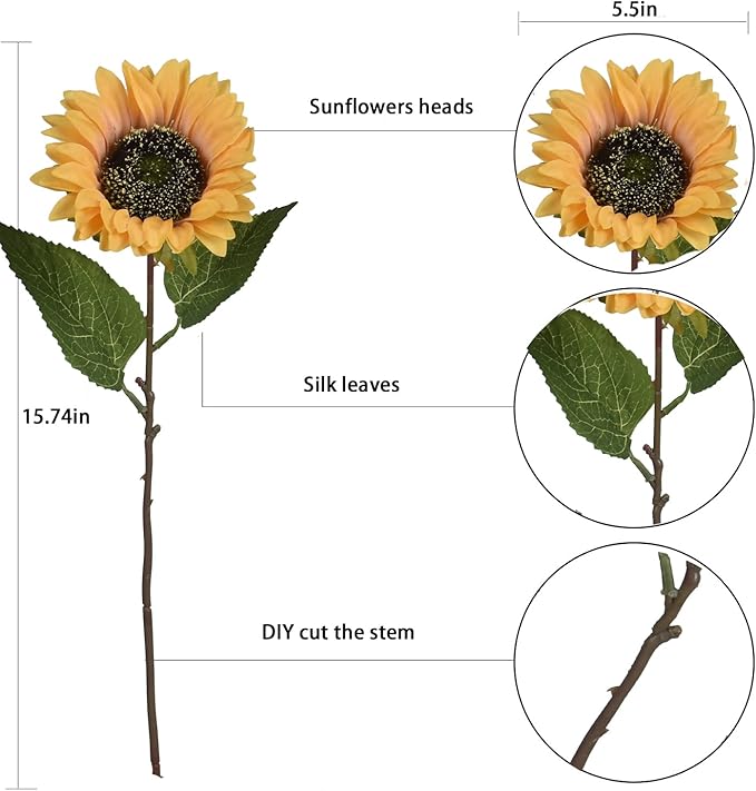 Vintage Artificial Sunflower Flowers 8 Pcs Single Long Stem Silk Fake Fall Sunflowers Bridal Wedding Bouquet Fake Yellow Flower Arrangements for Outdoor