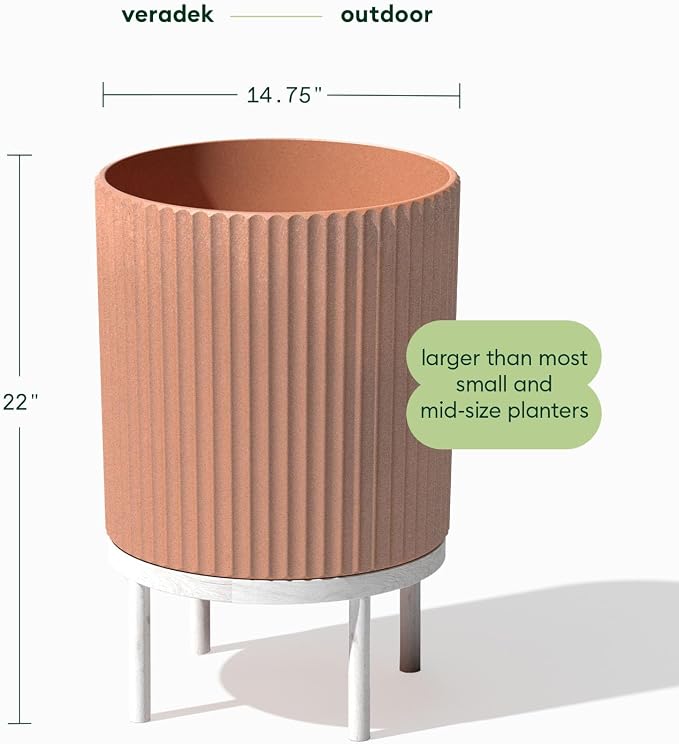 Veradek Demi Series Round Planter w/Stand for Porch/Patio | Durable Plastic-Stone Composite & Wooden Stand | Modern Décor for Tall Plants, Flowers