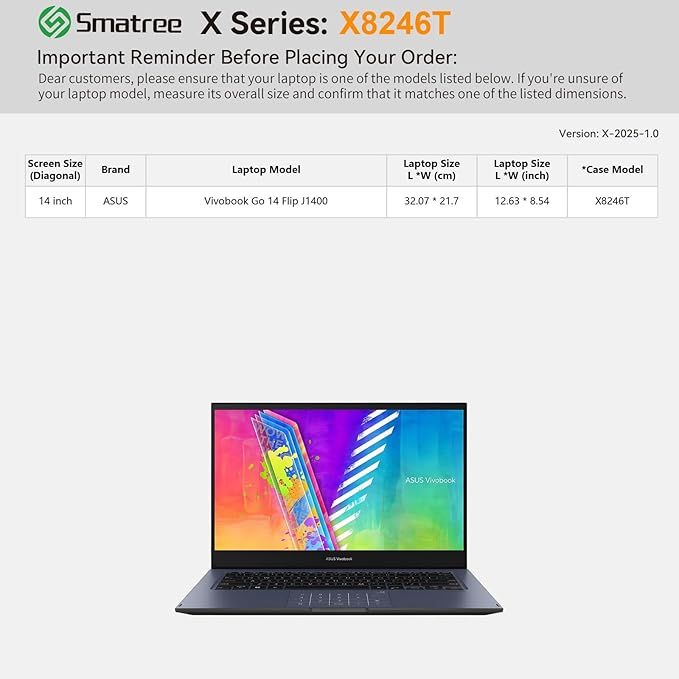 Smatree Hard EVA Protective Sleeve Case Compatible for 14 inch ASUS Vivobook Go 14 Flip J1400, for ASUS Vivobook 14 Notebook Bag (X8246T)