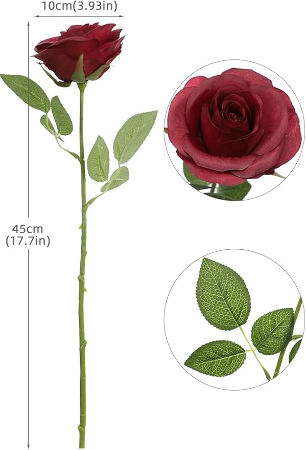 Artificial Rose Flower Artificial Flowers Flower with Long Stem Silk Roses Bouquet for Wedding Bridal Shower Party Home Decoration (Burgundy, 12 Pcs)