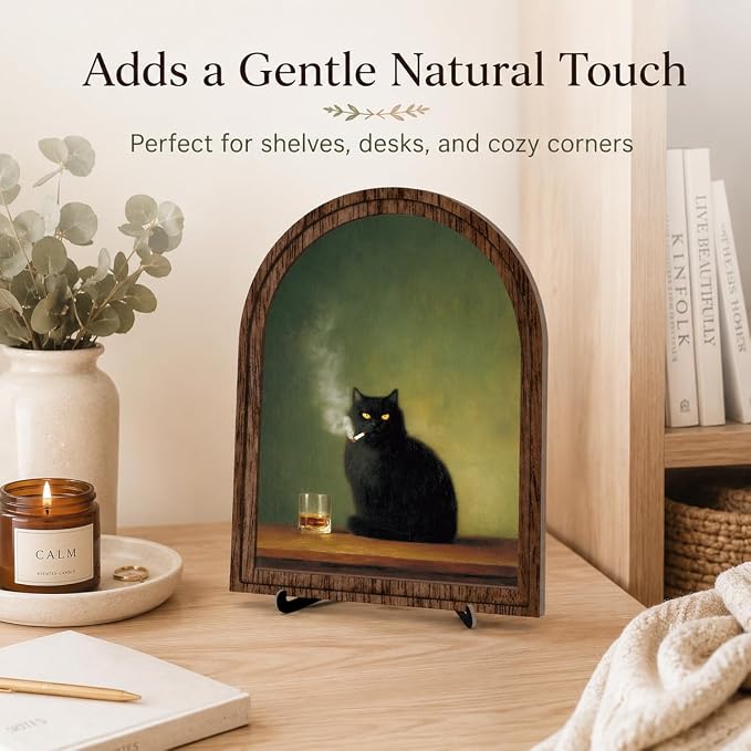 Vintage Black Cat Tabletop Decor Sign, Arched Wooden Frame with Stand, Rustic Home Wooden Sign for Living Room Bedroom Shelf Desk Display, Stylish Home Accent