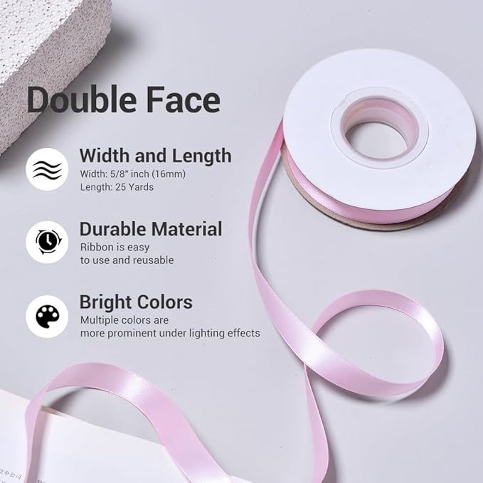 YAMA Light Pink Double Face Satin Ribbon 5/8 Inch 25 Yards Baby Pink Ribbon for Gift Package Wrapping,Floral Design,Hair Bow Clip Making,Crafting,Sewing,Wedding Decor