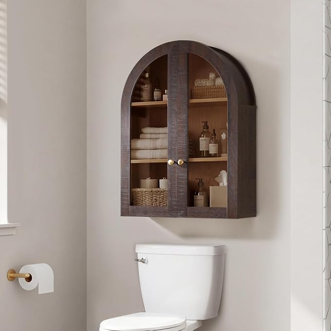 Bathroom Arched Wall Cabinet Over The Toilet Storage Cabinet, 23.5×31.4 Inch bathroom cabinet wall mount with Glass Doors & Adjustable Shelves, Wood Cabinet for Laundry Room, Bedroom Kitchen, Brown