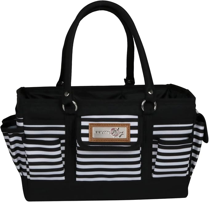 Everything Mary Deluxe Store & Tote Organizer – Black & White Stripe Craft Tote with Handle – Sewing, Scrapbooking & Art Supply Caddy for Creative Project Storage