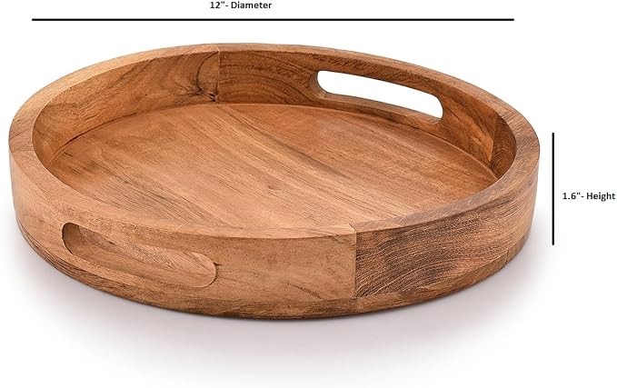 Samhita Round Serving Acacia Wooden Tray with Handles for Serving Beverages & Food on Bar Living Room Home Dining Table (12" x 12" x 1.6")