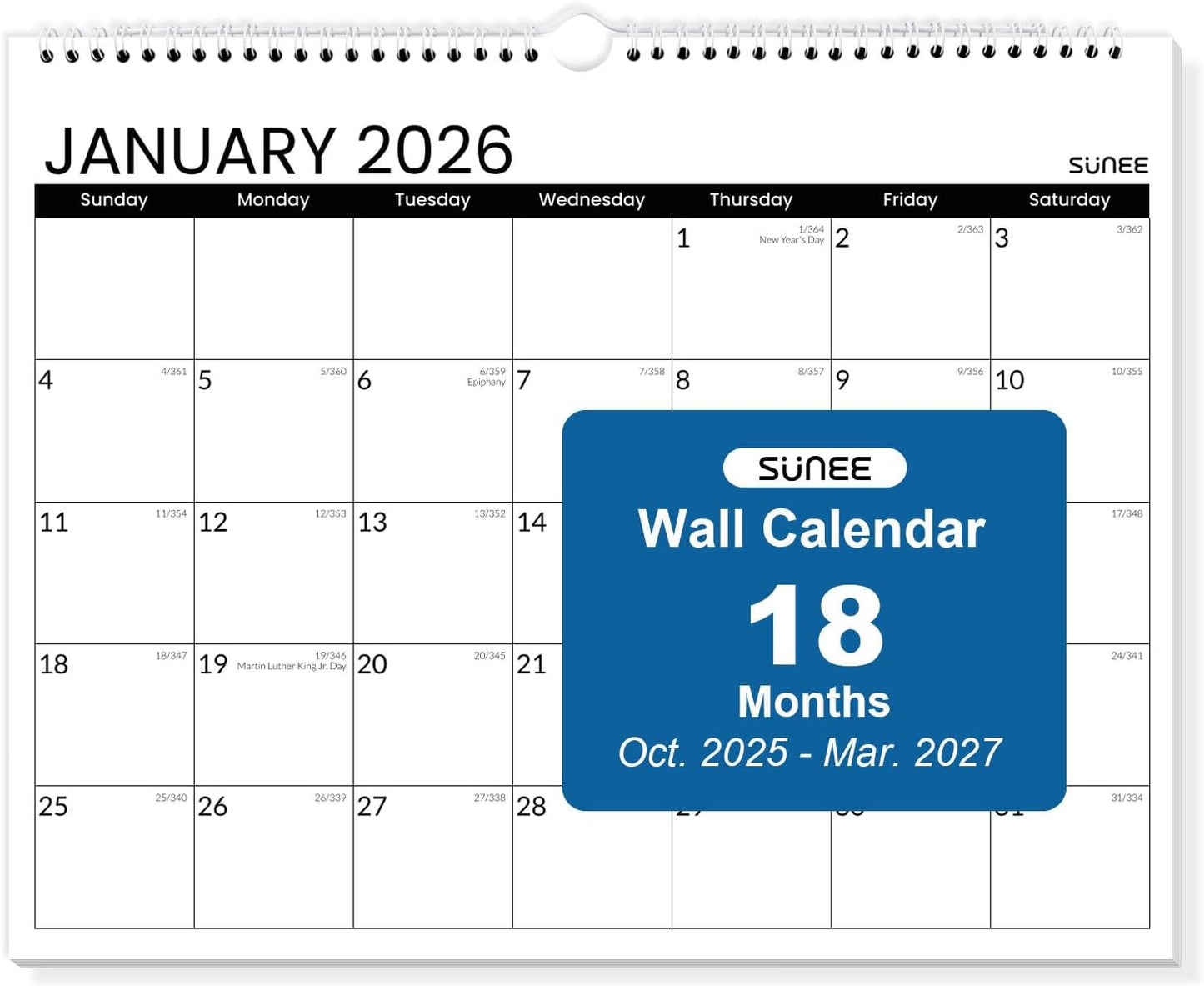 SUNEE 2026 Wall Calendar - 18 Months Big Grid Organizer | Thick Paper, 14.5"x11.5", Black