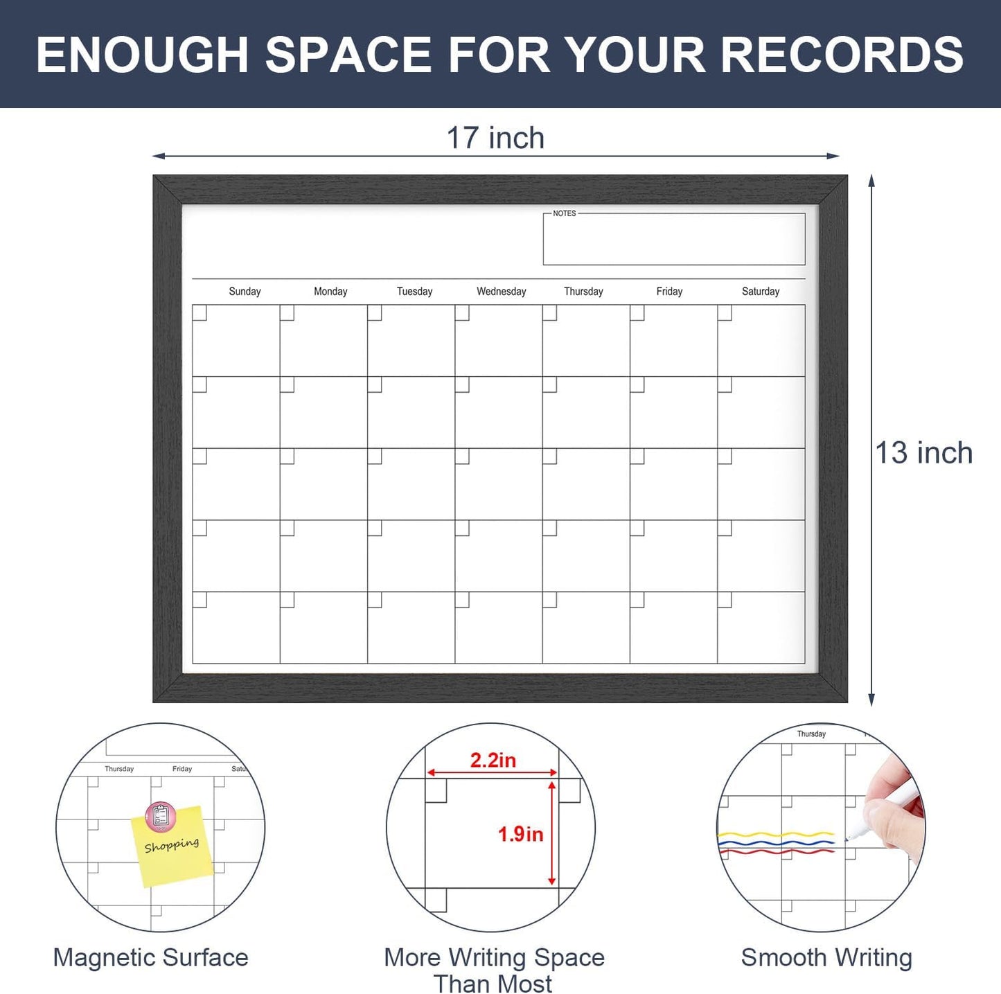 Skiennix Dry Erase Calendar - 17x13 Inch Magnetic Wall Whiteboard with Wood Frame for Home & Office