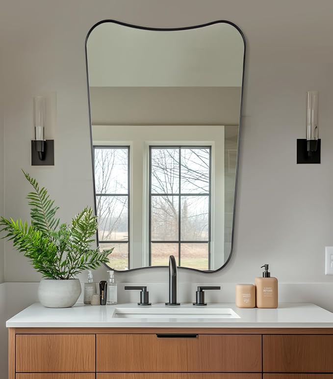 ANDY STAR Matte Black Mirror, 24x40 Inch Bathroom Vanity Mirror, Asymmetrical Mirror in Premium Stainless Steel Frame, Deep 1’’, Butterfly Shaped Decorative for Bathroom, Powder Room, Entryway
