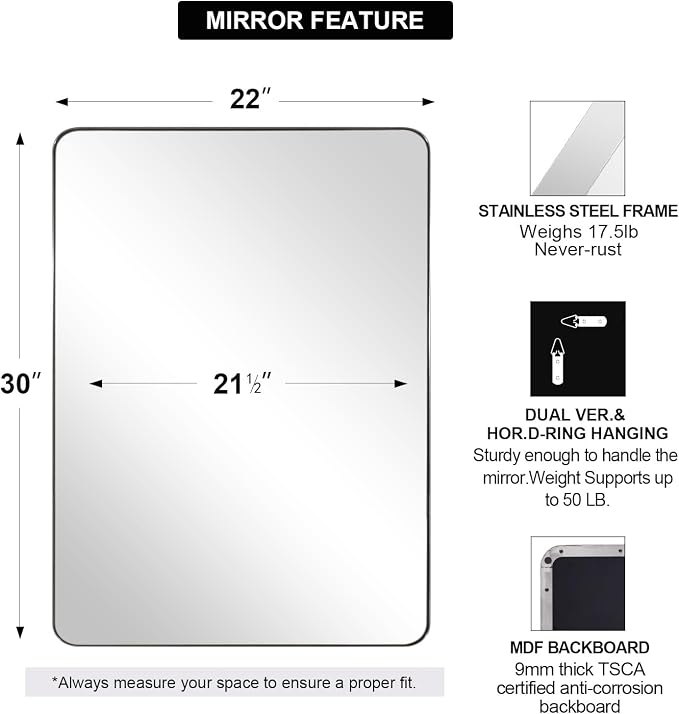 ANDY STAR Chrome Mirror for Bathroom, 22"x30"Metal Frame Wall Mirror, Rectangular Stainless Steel Rounded Corner Mirror with 1" Deep Set Design Hangs Horizontal Or Vertical