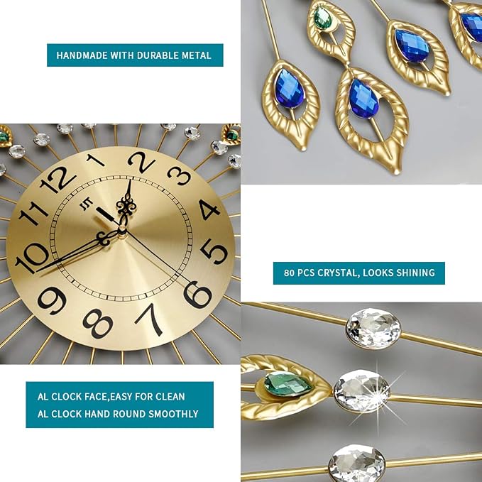 Large Modern Wall Clock for Living Room Decor, 24 Inch Big Decorative Crystal Peacock Wall Clock Battery Operated Non Ticking for Kitchen Bedroom, Gold Metal Silent Wall Clocks for Home