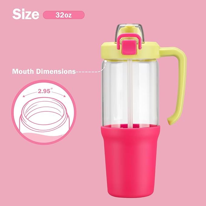 32oz Glass Water Bottle, 2-in-1 Straw and Sip Spout Lid, Leakproof Wide Mouth Tumbler with Handle, BPA-Free Reusable Bottle for Sports, Office, Outdoor, Bright Pink