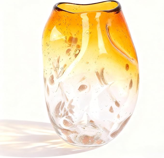 Amber Glass Vase – 9in Handmade Decorative Vase for Flowers, Modern Brown Gradient Glass Vase for Home Decor, Living Room Centerpiece, Dining Table, Entryway or Wedding Decoration