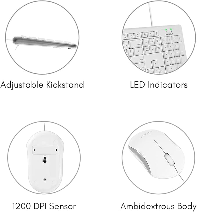 Macally Full Size USB Wired Mac Keyboard and Mouse Combo - Compatible Ergonomic Apple Keyboard and Mouse with Shortcuts and Number Keypad for Mac mini Pro, iMac Computer, MacBook Pro Air Laptops