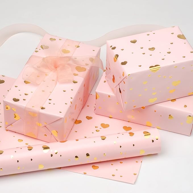 LDGOOAEL Mini Short Wrapping Paper Roll - Reversible Design (17 inches X 32.8 feet) - Gold Foil Hearts on Pink for Valentine's Day