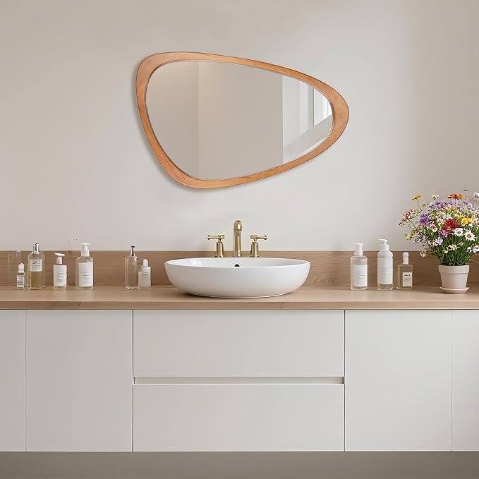 Irregular Wall Mirror Asymmetrical Bathroom Mirror, Wall Mounted Decorative Mirror with Wooden Frame for Living Room, Vanity, Bedroom, Entryway, Hallway (19" x 30")
