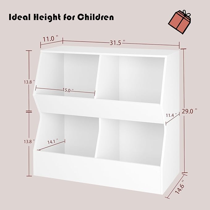 DINZI LVJ Kids Bookshelf, Toy Storage Organizer, Wooden Toy Storage Cabinet, 4 Cubby Children Bookcase, 31.5" L Toddler Book Shelf for Bedroom, Nursery, Hallway, School, White