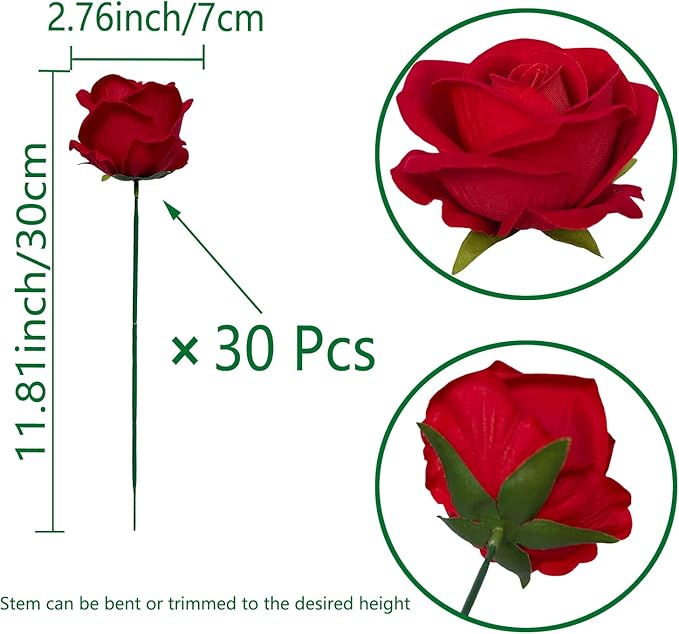 FagusHome 30 Pcs Silk Rose Artificial Flowers Roses Bulk Bouquet Fake Flowers Rose Heads with Stems for Home Wedding Decor (Red)